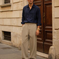 Mens Pinstripe Pleated Pants — Wide Leg & Striped