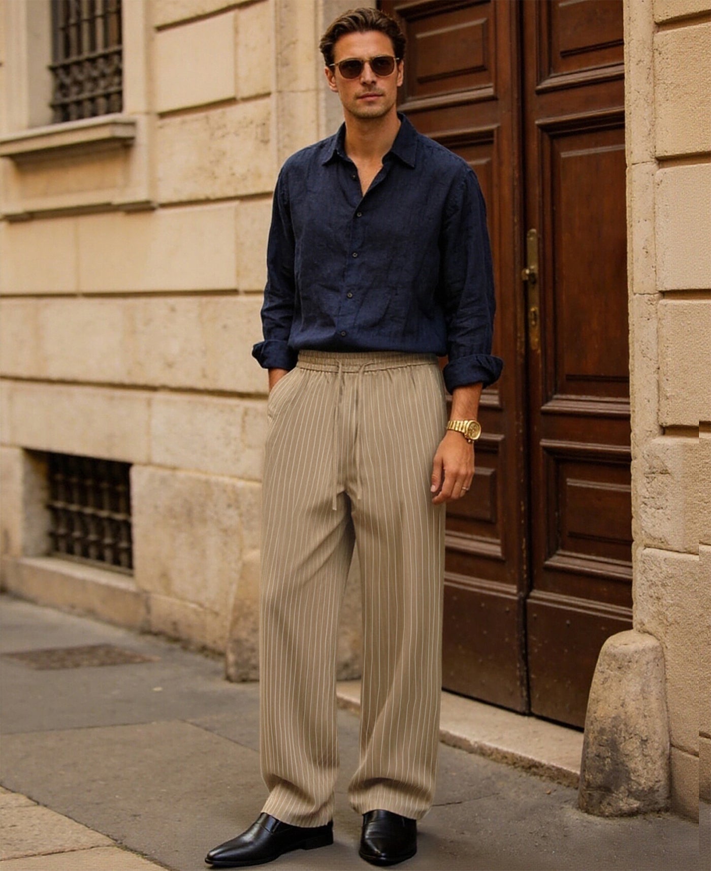 Mens Pinstripe Pleated Pants — Wide Leg & Striped