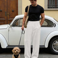 Mens Pinstripe Pleated Pants — Wide Leg & Striped