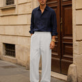 Mens Pinstripe Pleated Pants — Wide Leg & Striped