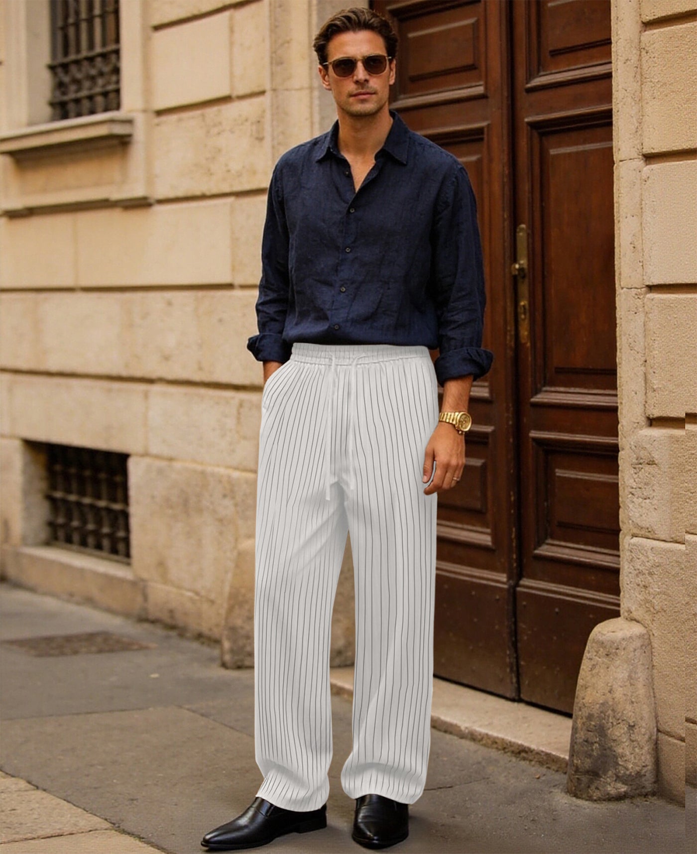 Mens Pinstripe Pleated Pants — Wide Leg & Striped
