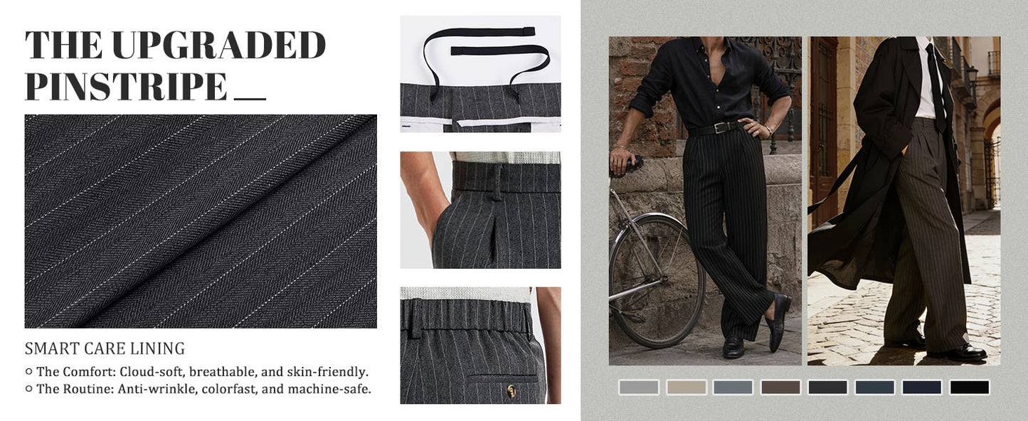 Mens Pinstripe Wide Leg Pants - Pleated & Drawstring