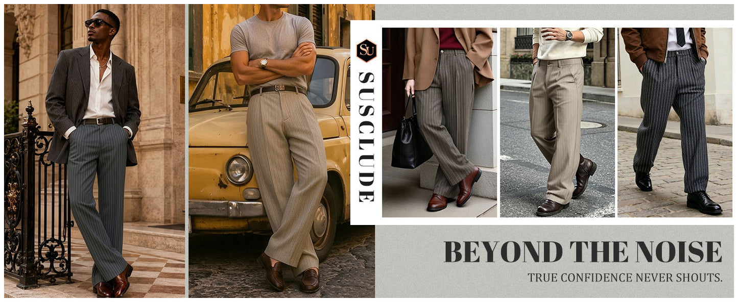 Mens Pinstripe Wide Leg Pants - Pleated & Drawstring