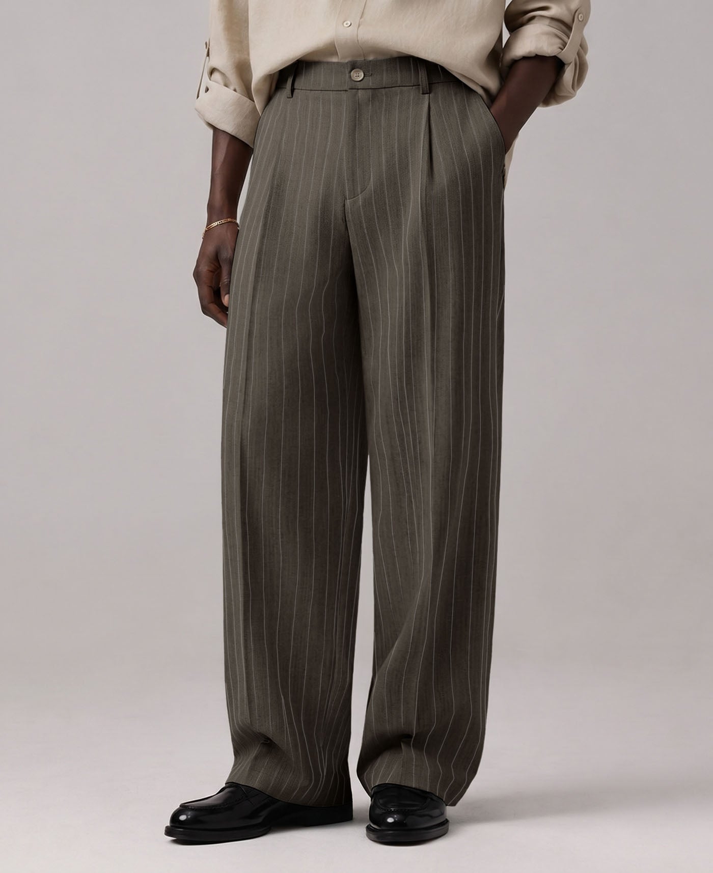 Mens Pinstripe Wide Leg Pants - Pleated & Drawstring