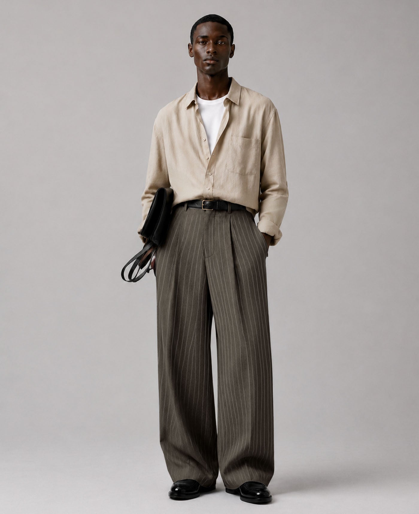 Mens Pinstripe Wide Leg Pants - Pleated & Drawstring