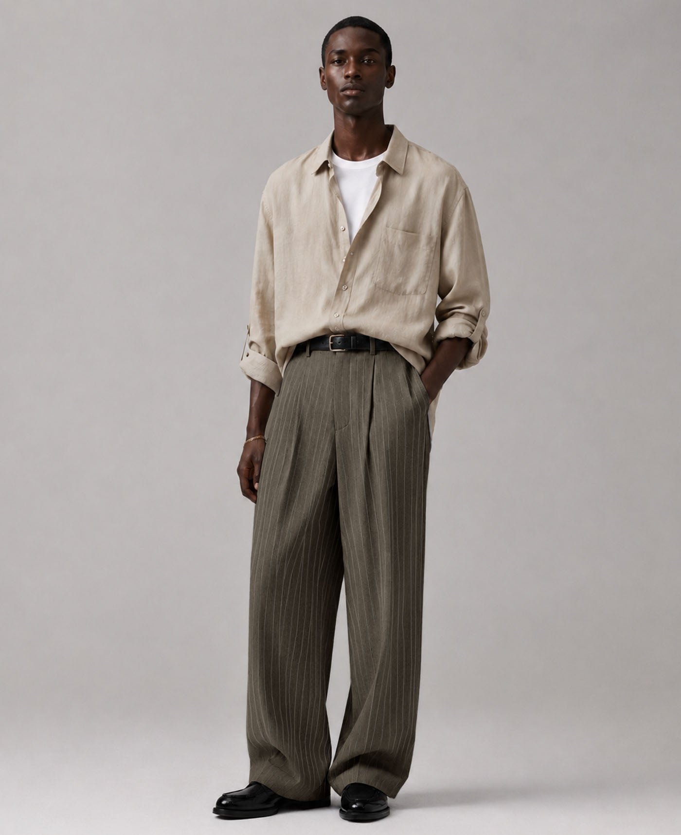 Mens Pinstripe Wide Leg Pants - Pleated & Drawstring