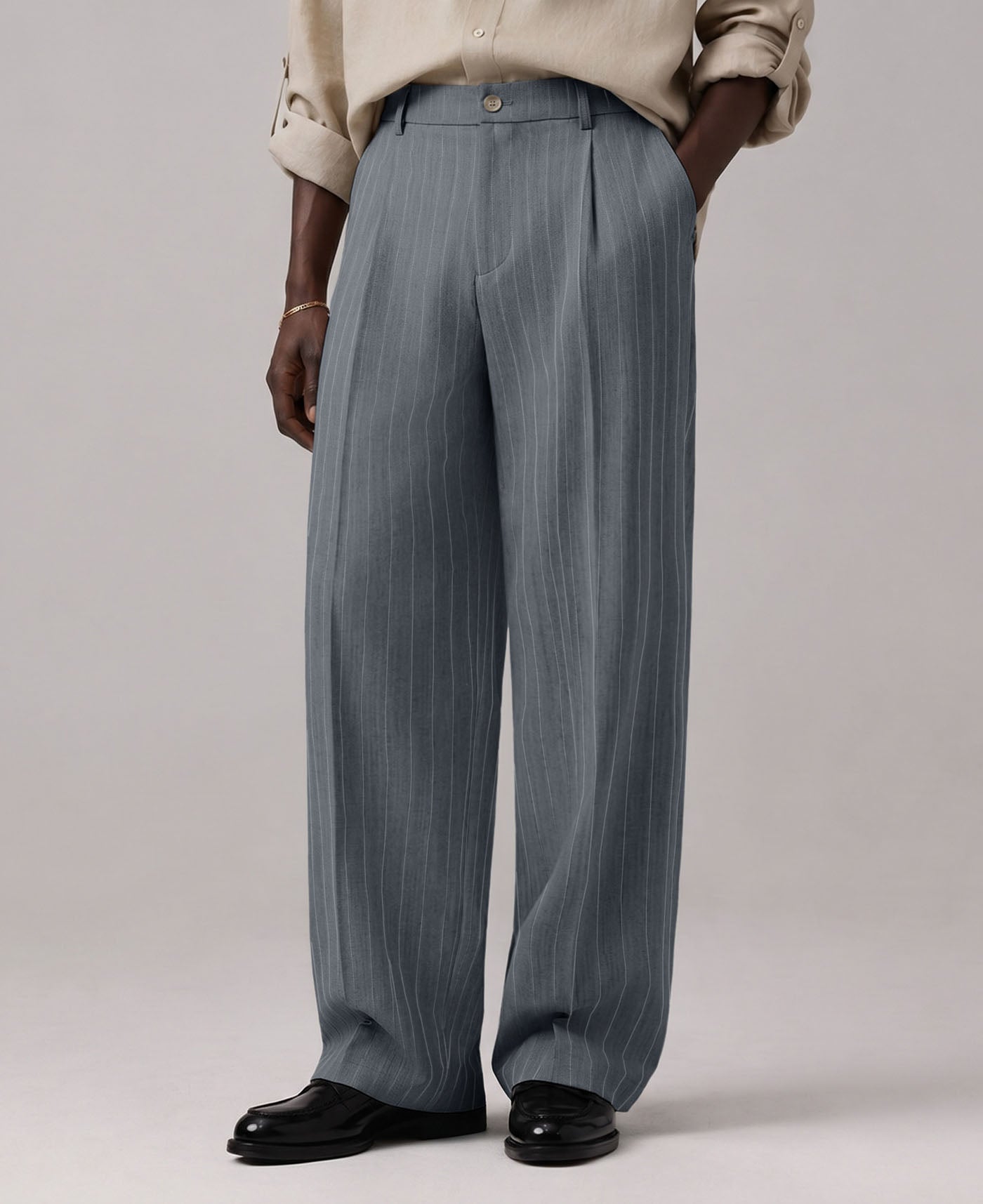 Mens Pinstripe Wide Leg Pants - Pleated & Drawstring