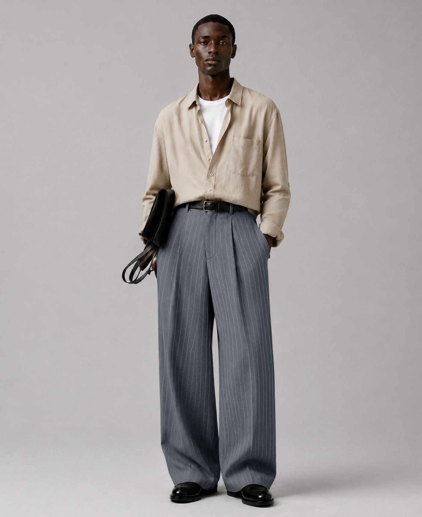 Mens Pinstripe Wide Leg Pants - Pleated & Drawstring
