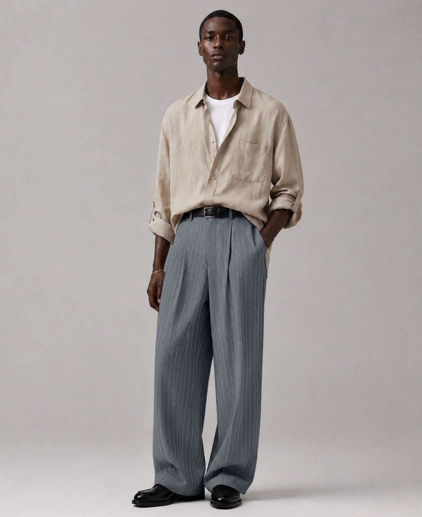 Mens Pinstripe Wide Leg Pants - Pleated & Drawstring