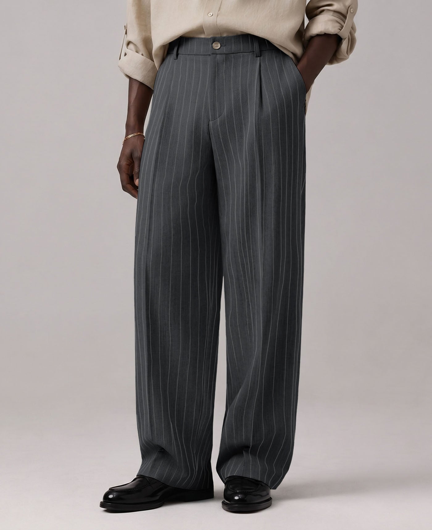 Mens Pinstripe Wide Leg Pants - Pleated & Drawstring