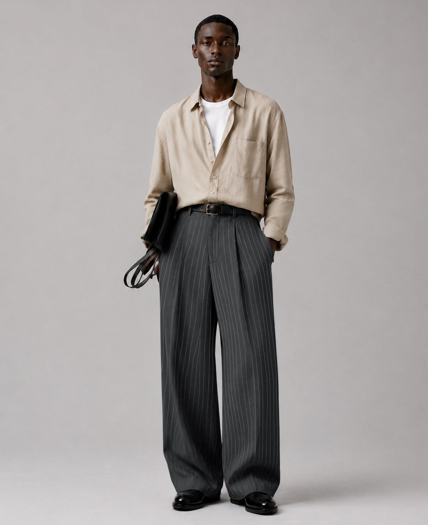 Mens Pinstripe Wide Leg Pants - Pleated & Drawstring
