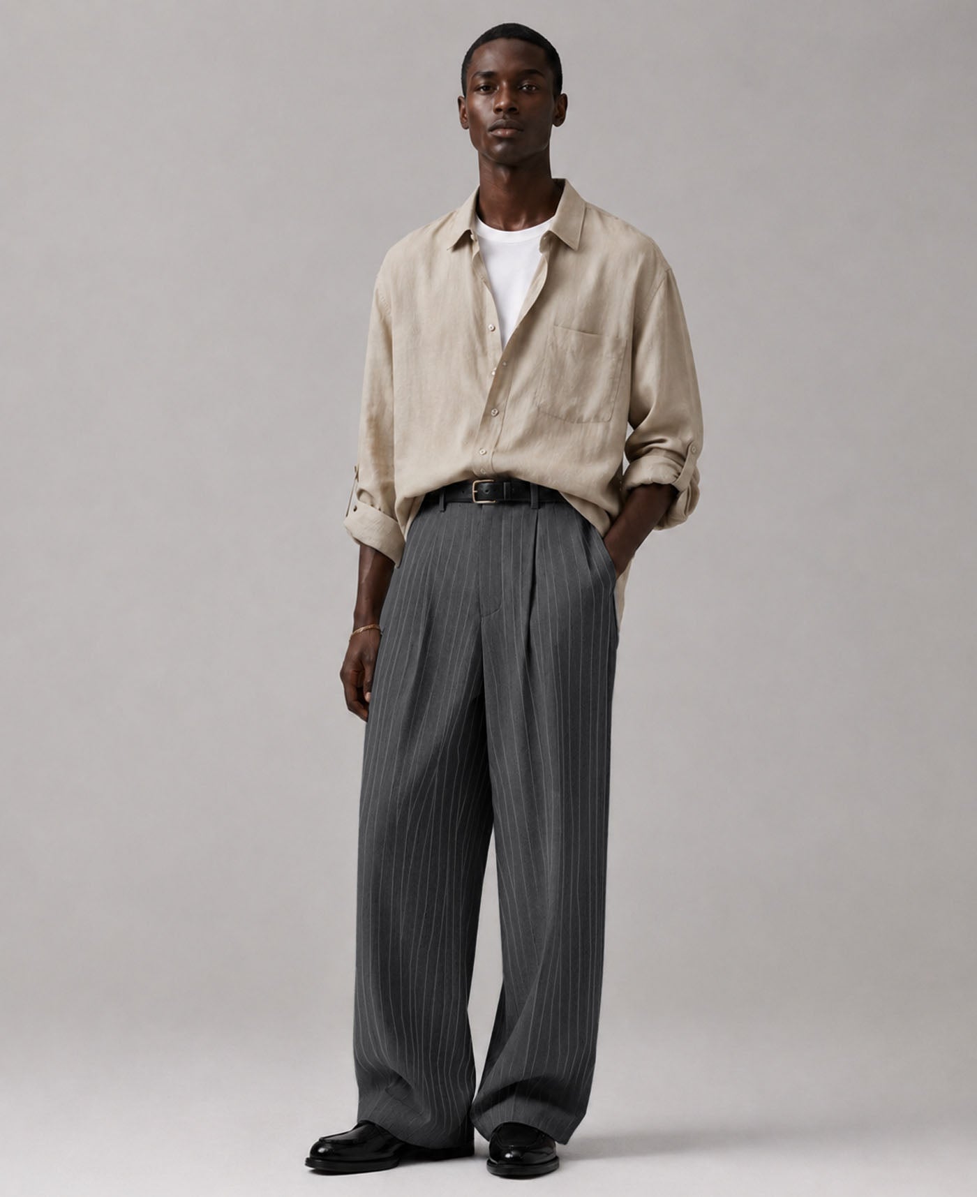 Mens Pinstripe Wide Leg Pants - Pleated & Drawstring