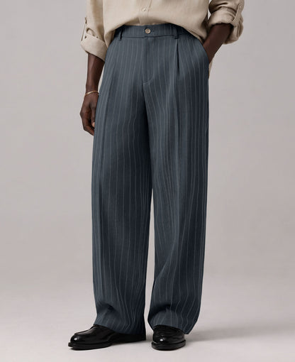 Mens Pinstripe Wide Leg Pants - Pleated & Drawstring
