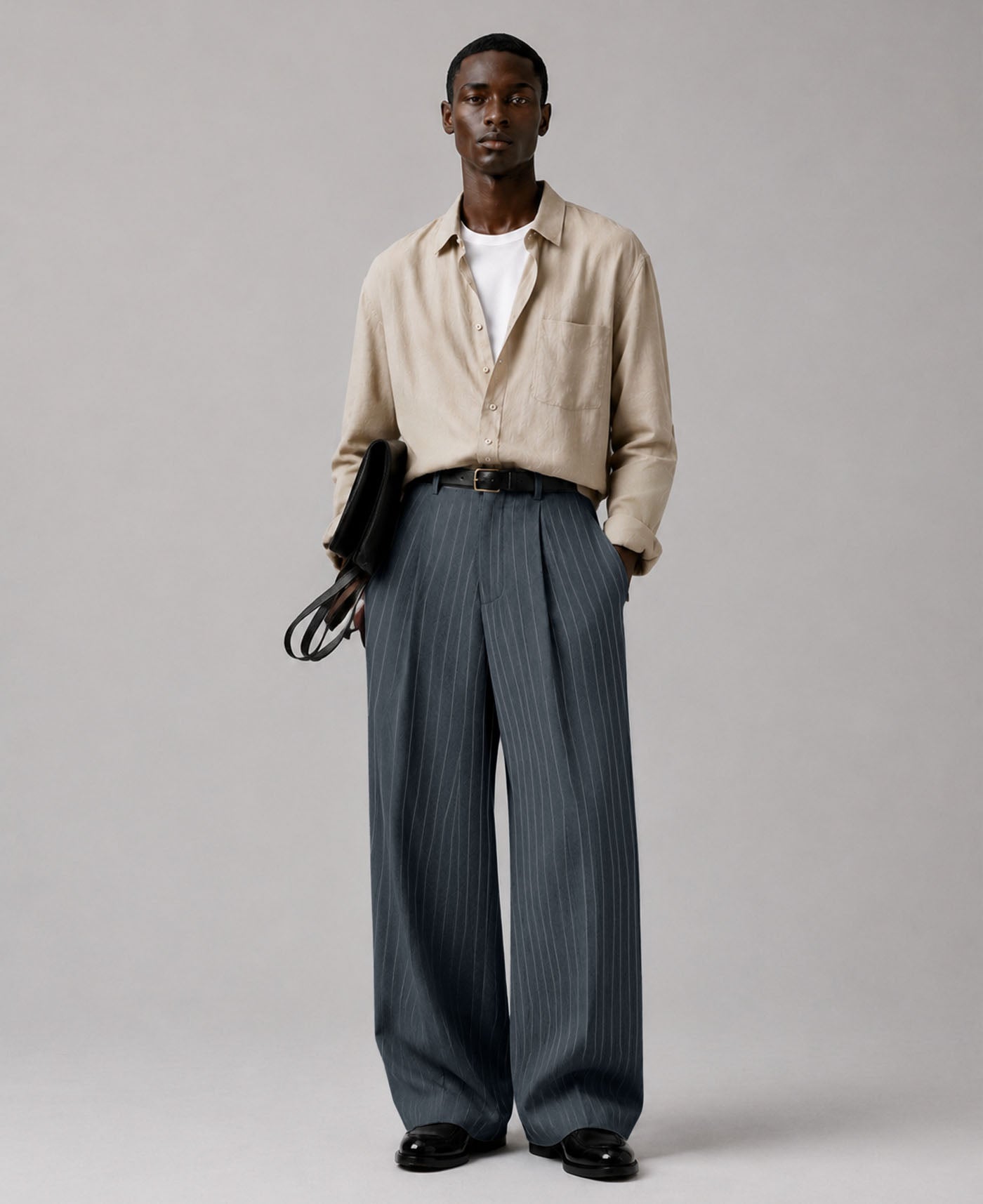 Mens Pinstripe Wide Leg Pants - Pleated & Drawstring