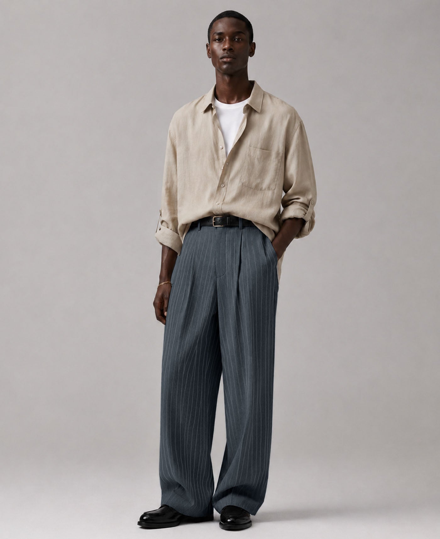 Mens Pinstripe Wide Leg Pants - Pleated & Drawstring