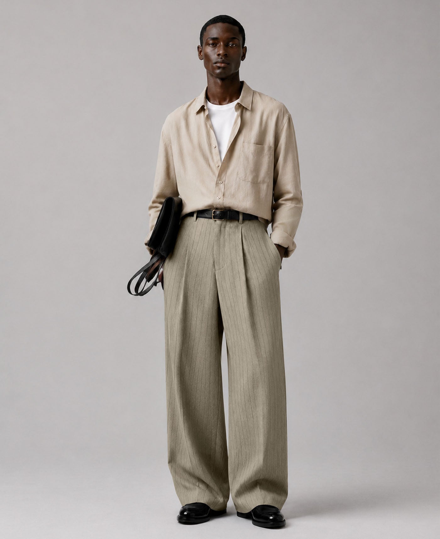 Mens Pinstripe Wide Leg Pants - Pleated & Drawstring