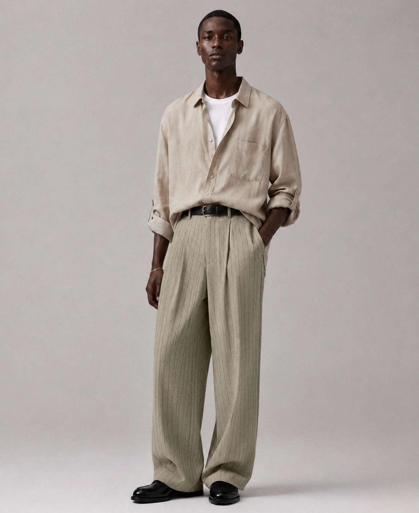 Mens Pinstripe Wide Leg Pants - Pleated & Drawstring