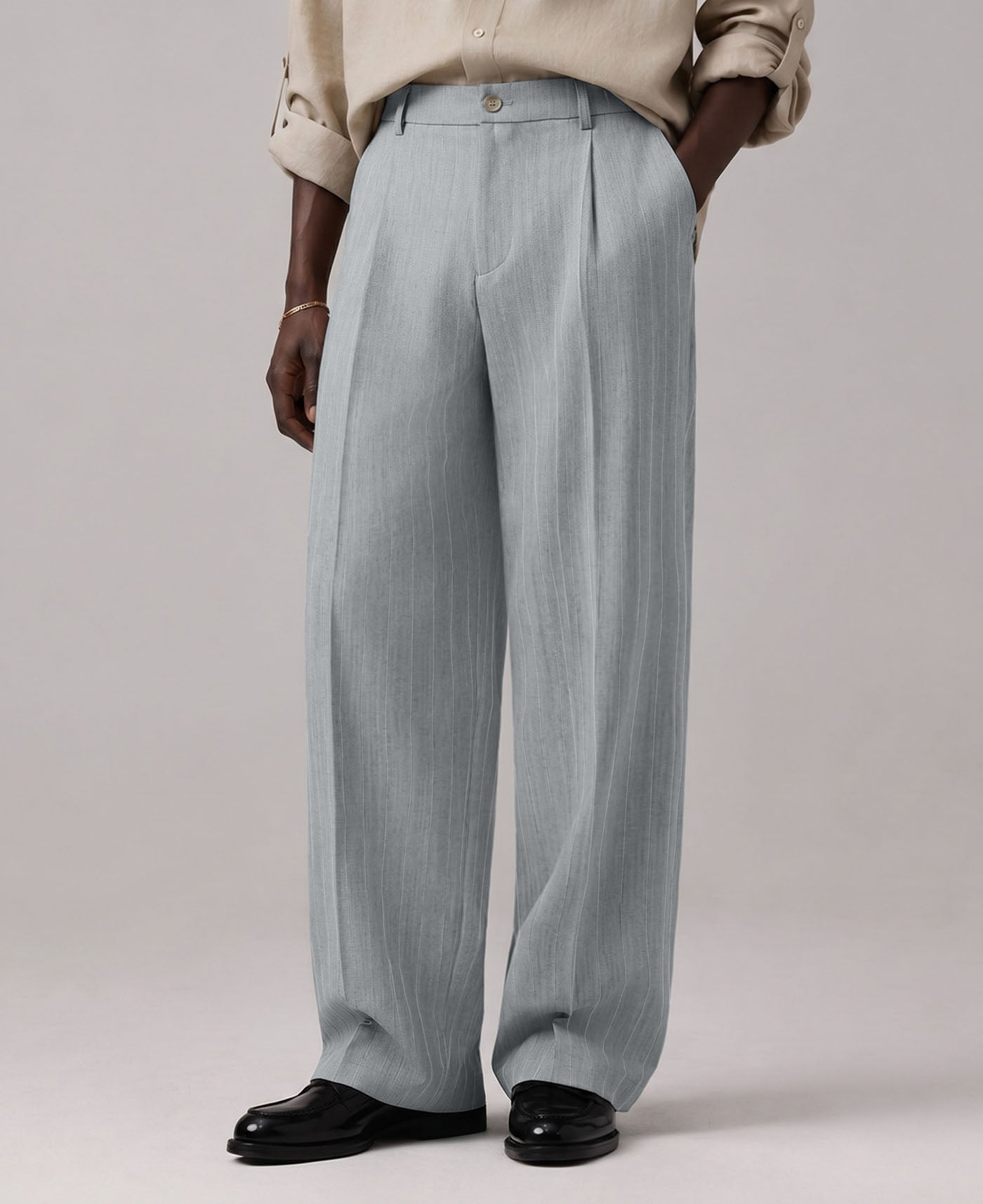 Mens Pinstripe Wide Leg Pants - Pleated & Drawstring