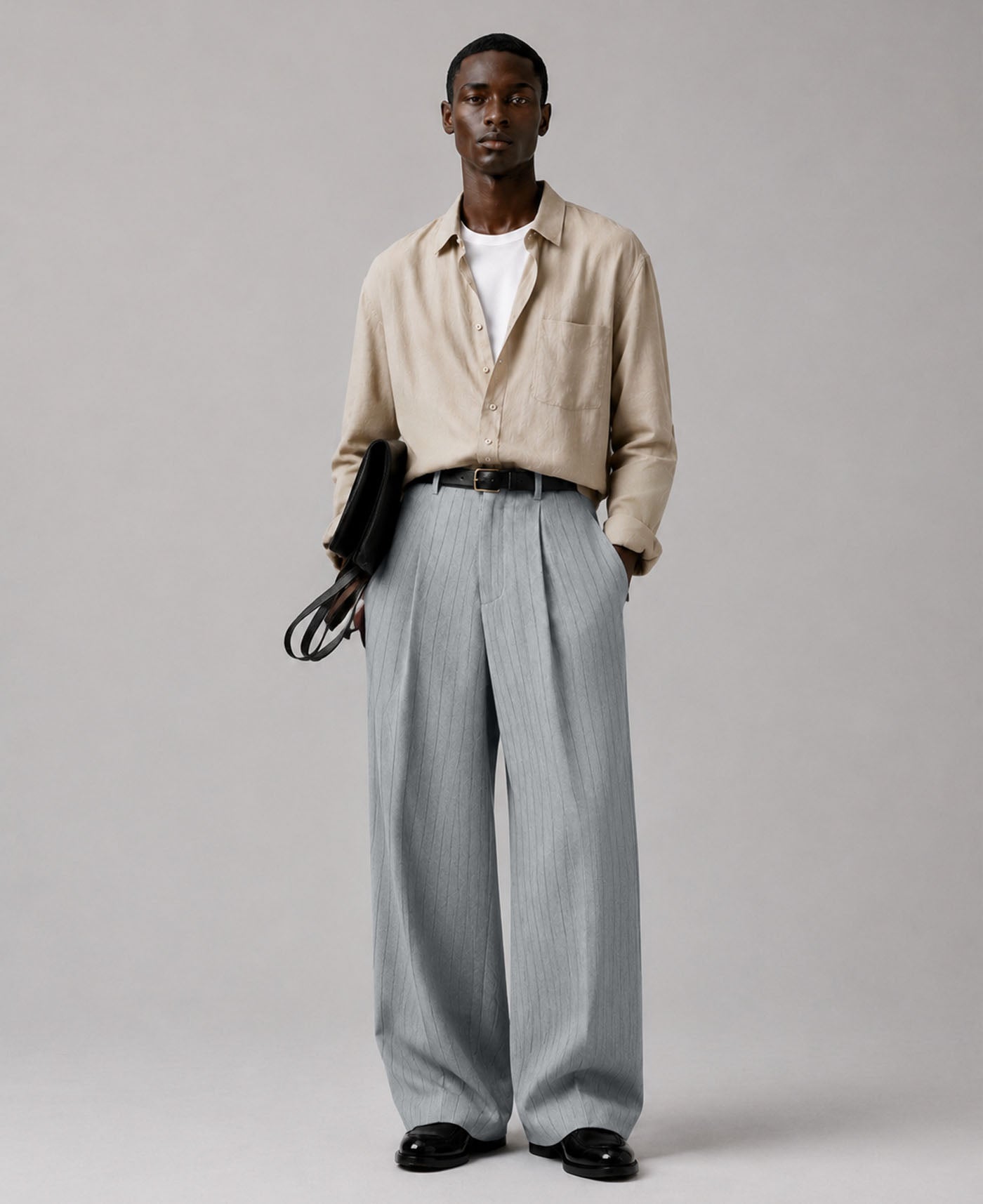 Mens Pinstripe Wide Leg Pants - Pleated & Drawstring