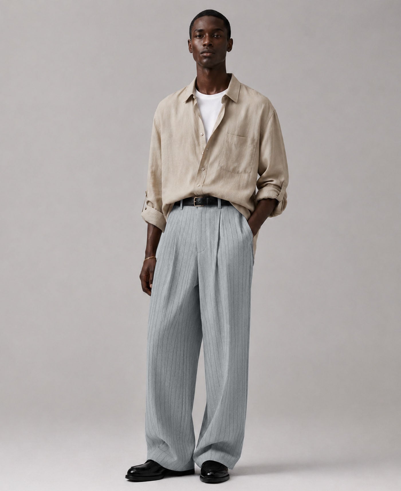 Mens Pinstripe Wide Leg Pants - Pleated & Drawstring