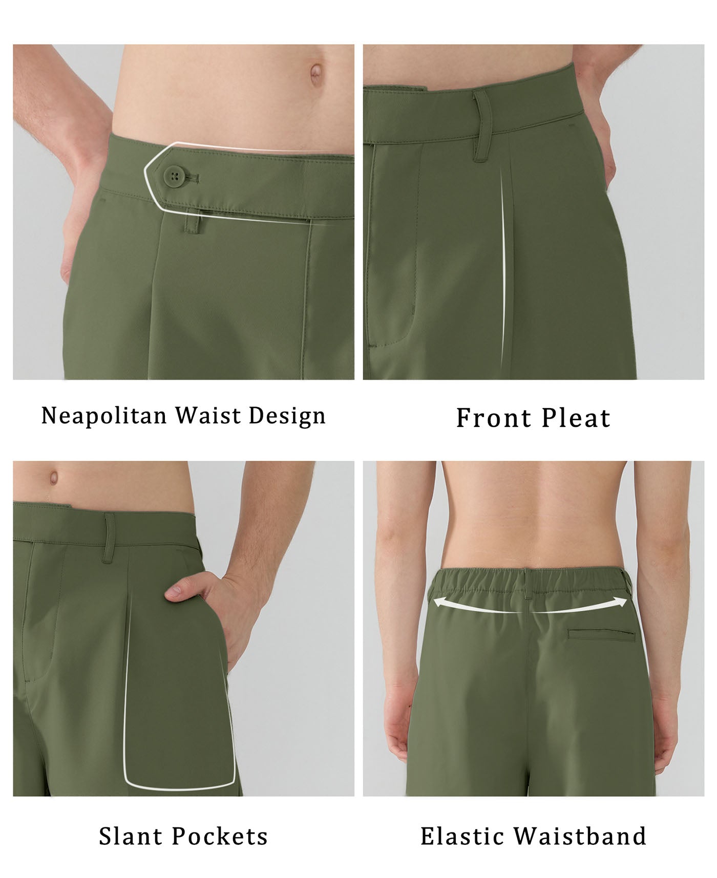 Features Neapolitan waistband front pleats slanted pockets elastic waist for diverse fits.