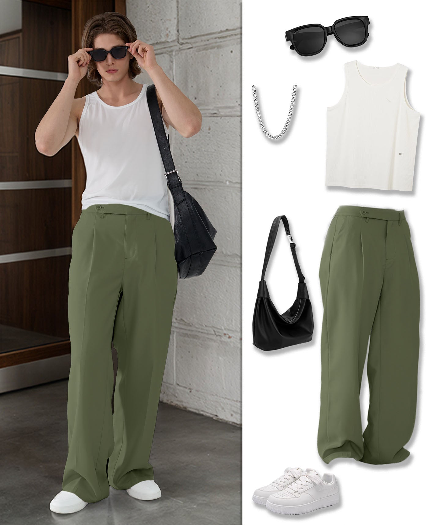 Styling ideas with army green Men's Pleated Baggy Dress Pants vests bags and more for versatile looks.
