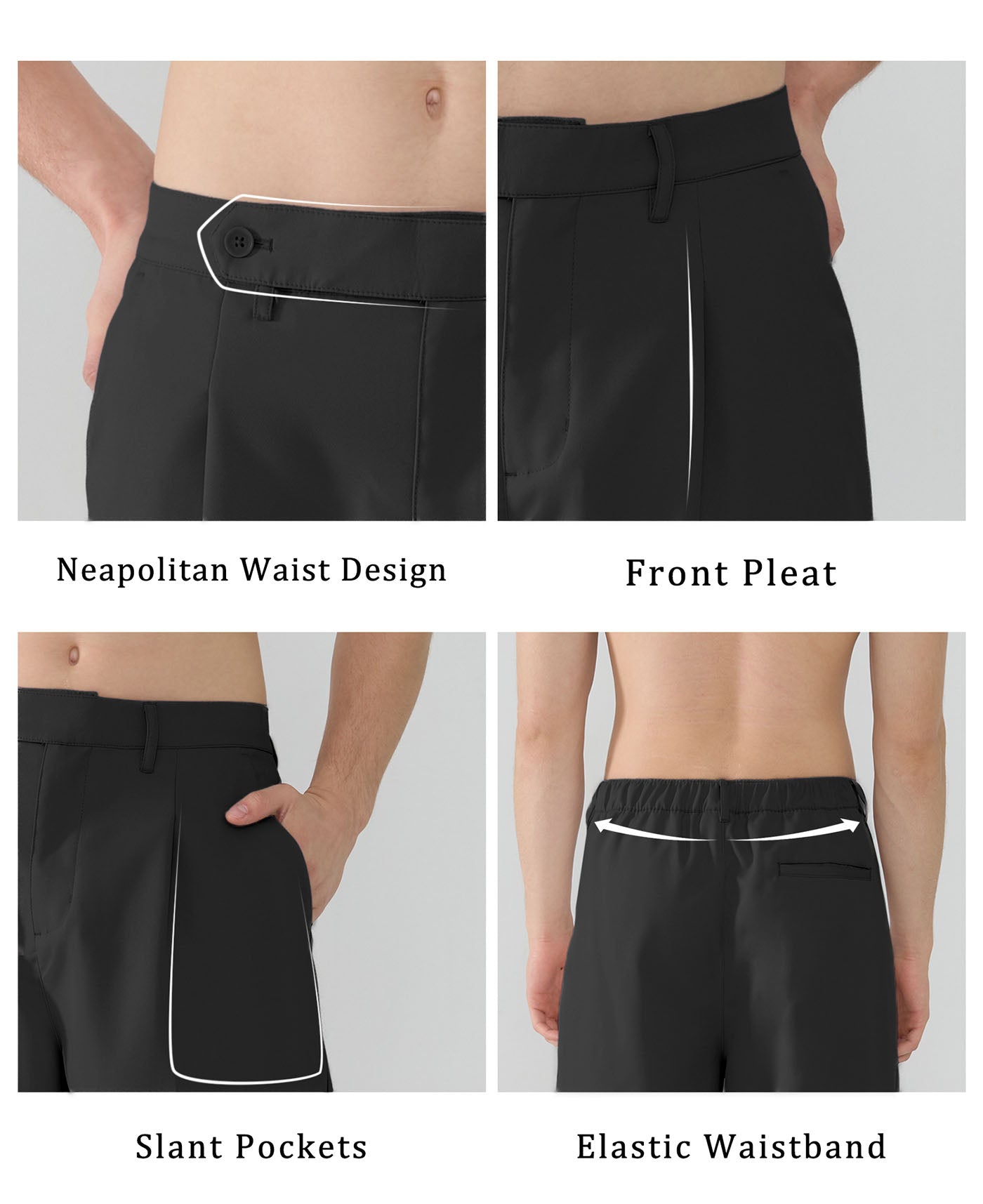 Features Neapolitan waistband front pleats slanted pockets elastic waist for diverse fits.