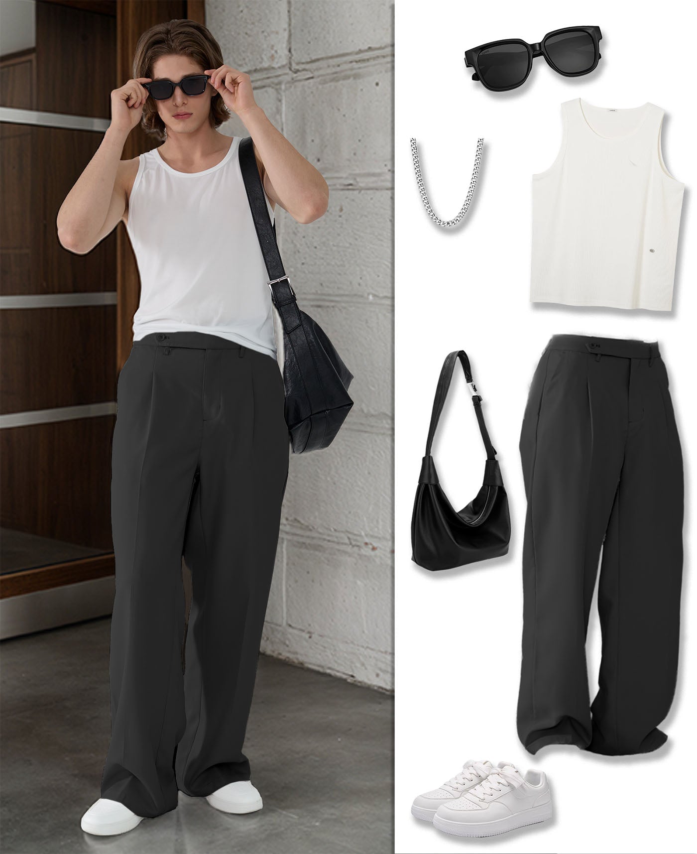 Styling ideas with black Men's Pleated Baggy Dress Pants vests bags and more for versatile looks.