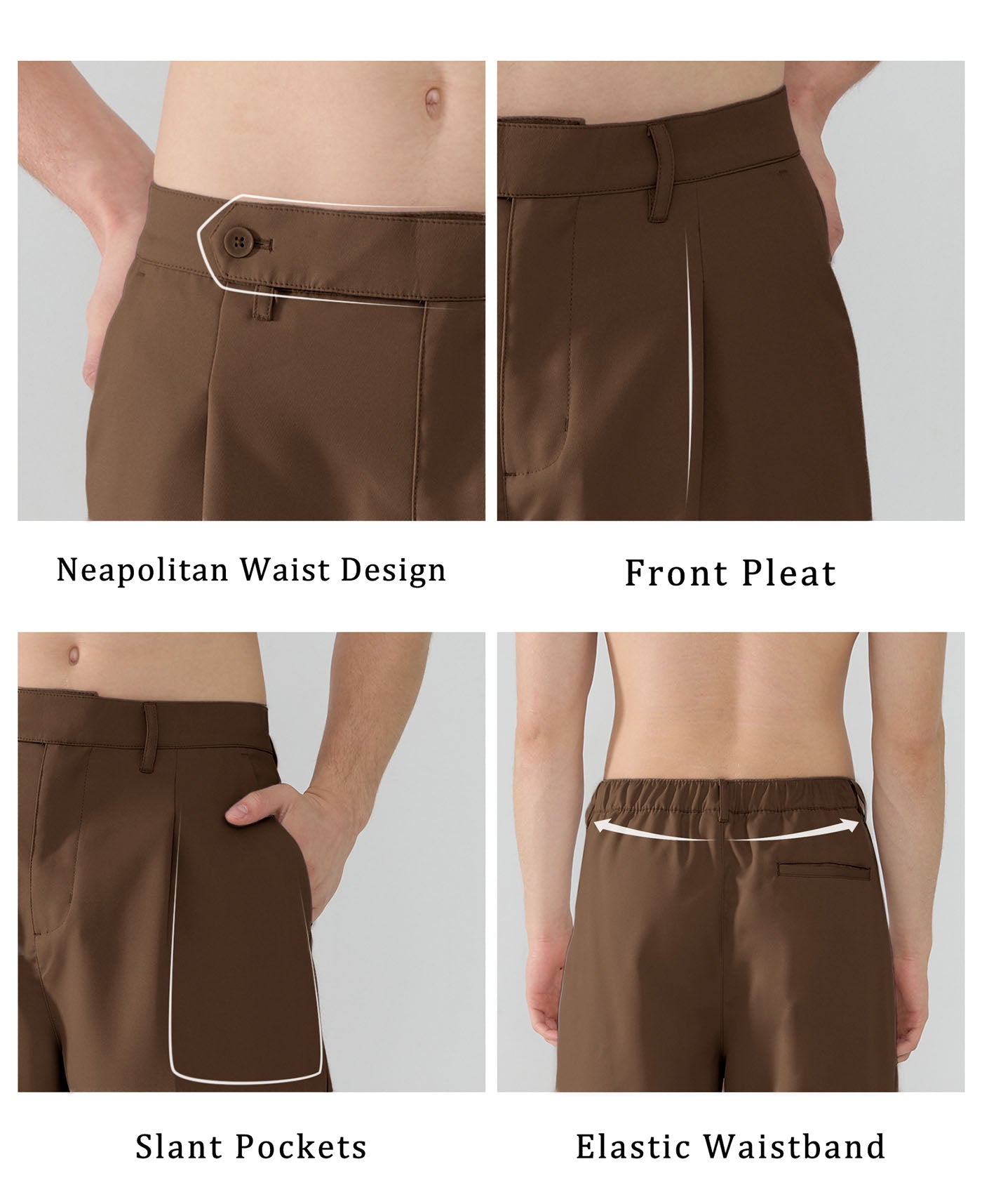 Features Neapolitan waistband front pleats slanted pockets elastic waist for diverse fits.