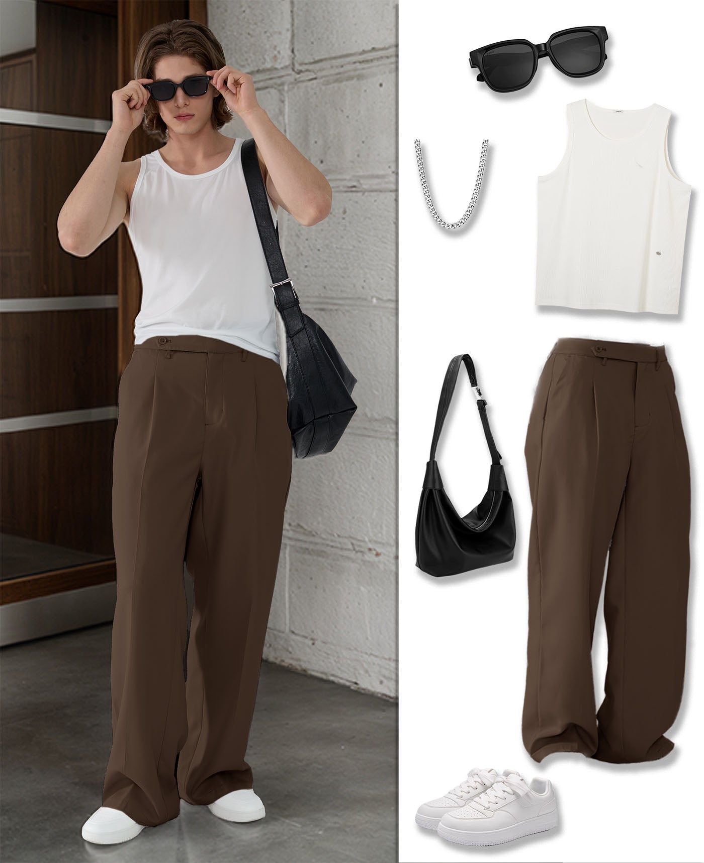 Styling ideas with brown Men's Pleated Baggy Dress Pants vests bags and more for versatile looks.