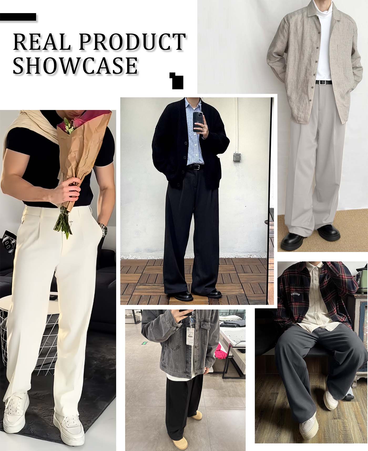 Multi-angle display of brown Men's Pleated Baggy Dress Pants highlighting tailored fit and drape.