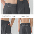 Features Neapolitan waistband front pleats slanted pockets elastic waist for diverse fits.