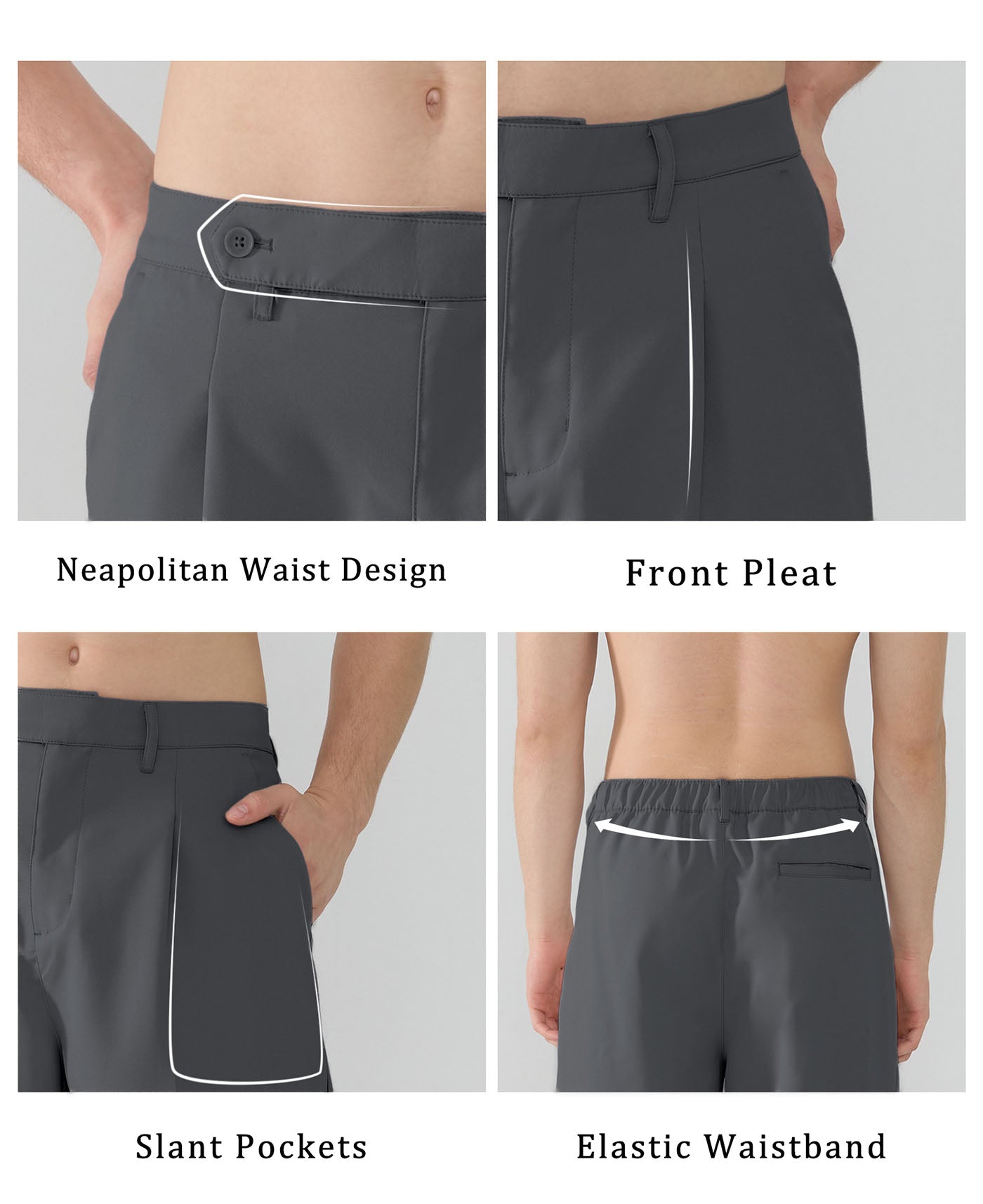 Features Neapolitan waistband front pleats slanted pockets elastic waist for diverse fits.
