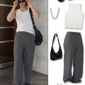 Styling ideas with dark grey Men's Pleated Baggy Dress Pants vests bags and more for versatile looks.