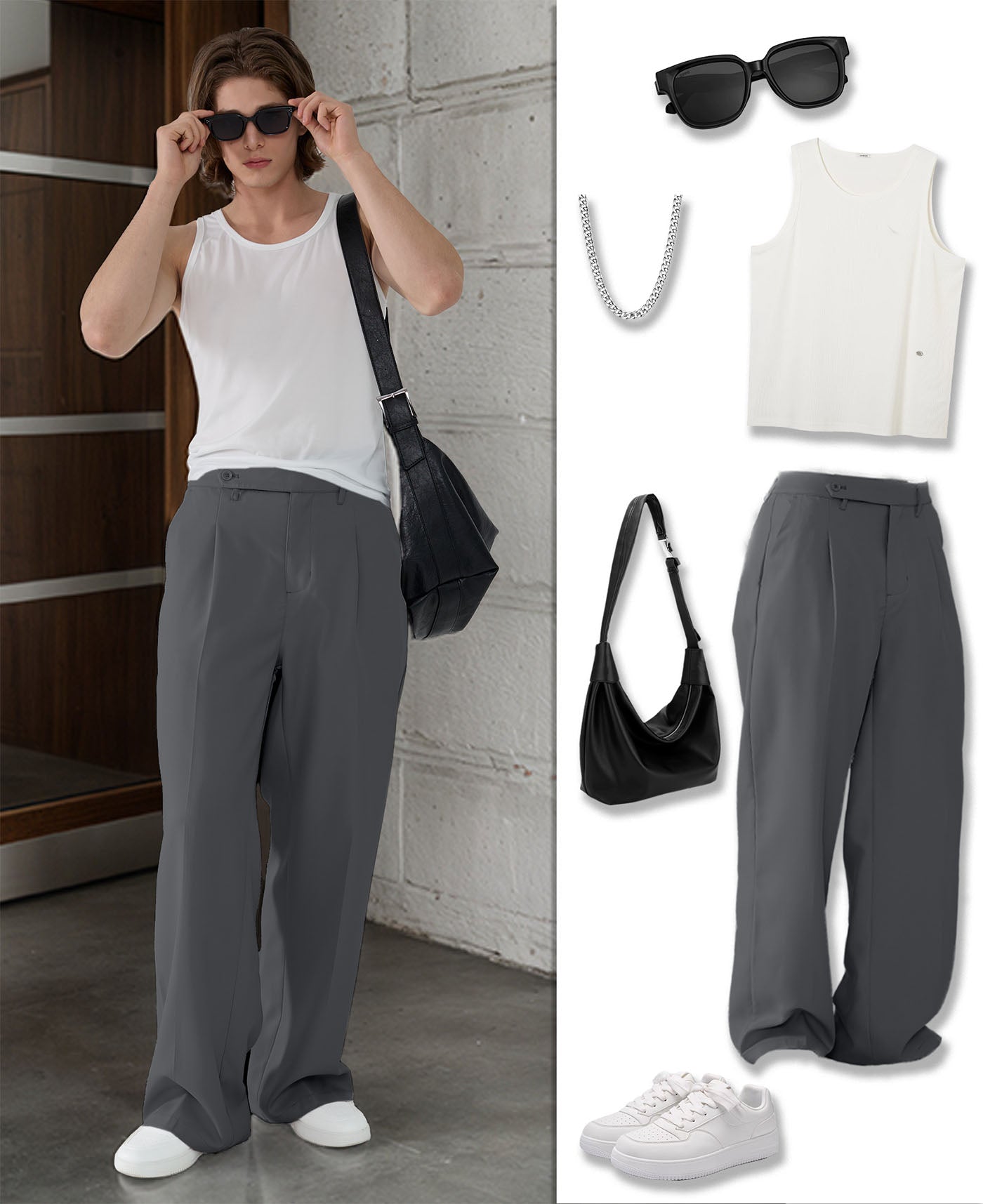 Styling ideas with dark grey Men's Pleated Baggy Dress Pants vests bags and more for versatile looks.