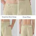 Features Neapolitan waistband front pleats slanted pockets elastic waist for diverse fits.