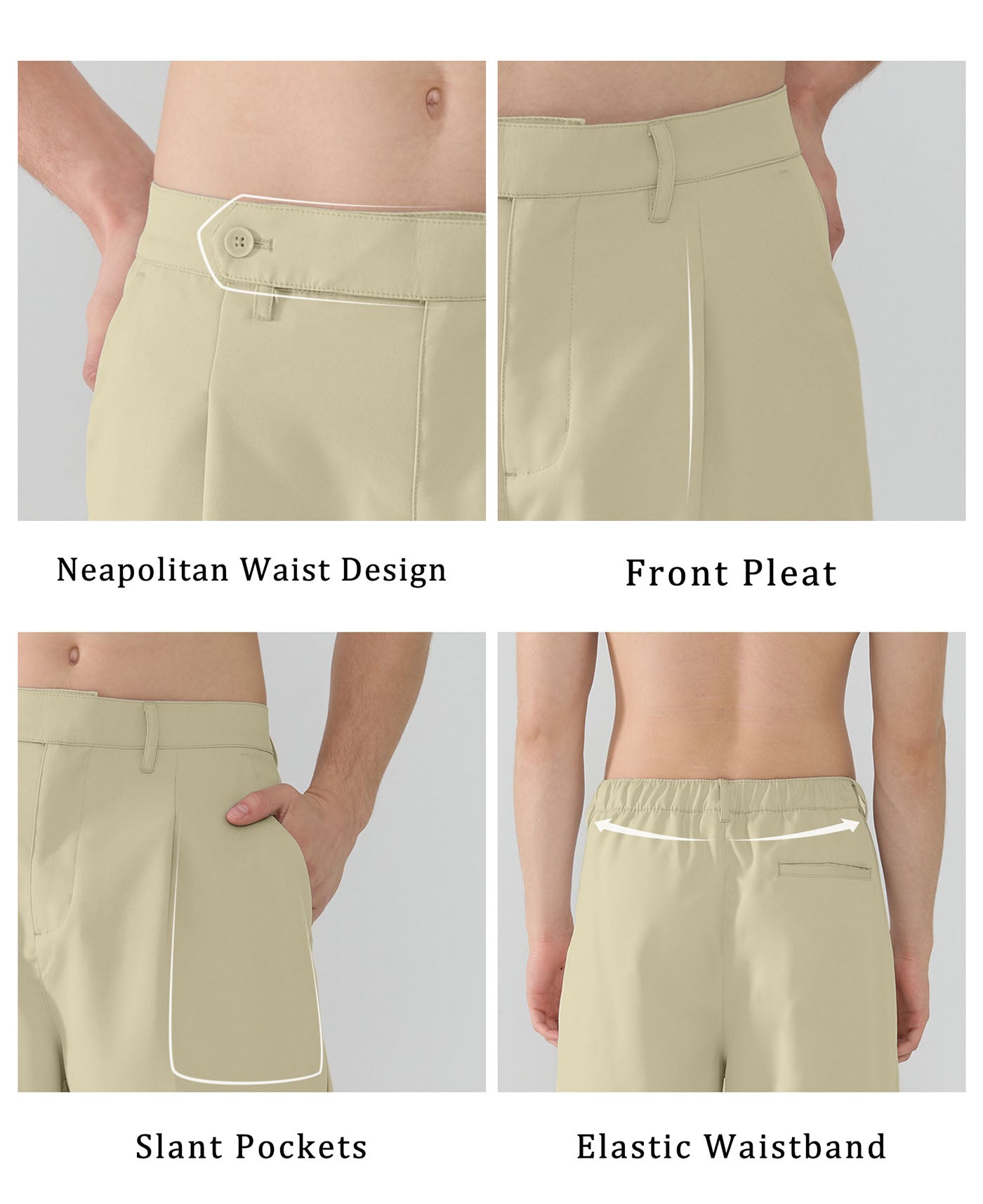 Features Neapolitan waistband front pleats slanted pockets elastic waist for diverse fits.