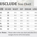 SUSCLUDE size chart inches waist hip inseam length covers XS to 3XL with 0.2 to 0.6 inch manual tolerance.