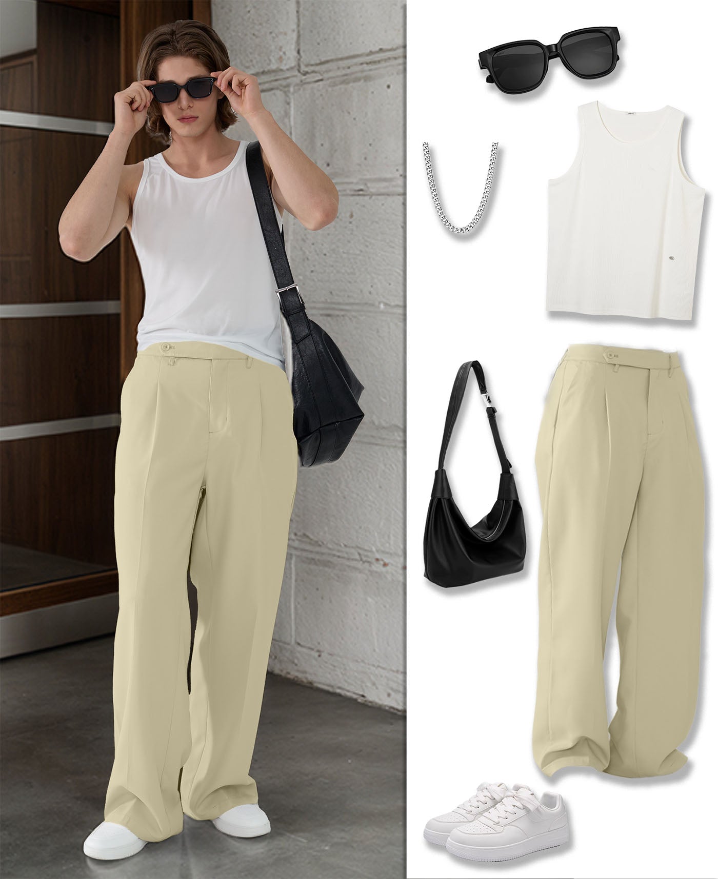 Styling ideas with dark khaki Men's Pleated Baggy Dress Pants vests bags and more for versatile looks.