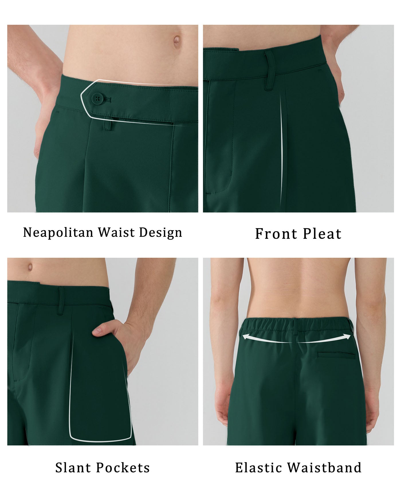 Features Neapolitan waistband front pleats slanted pockets elastic waist for diverse fits.