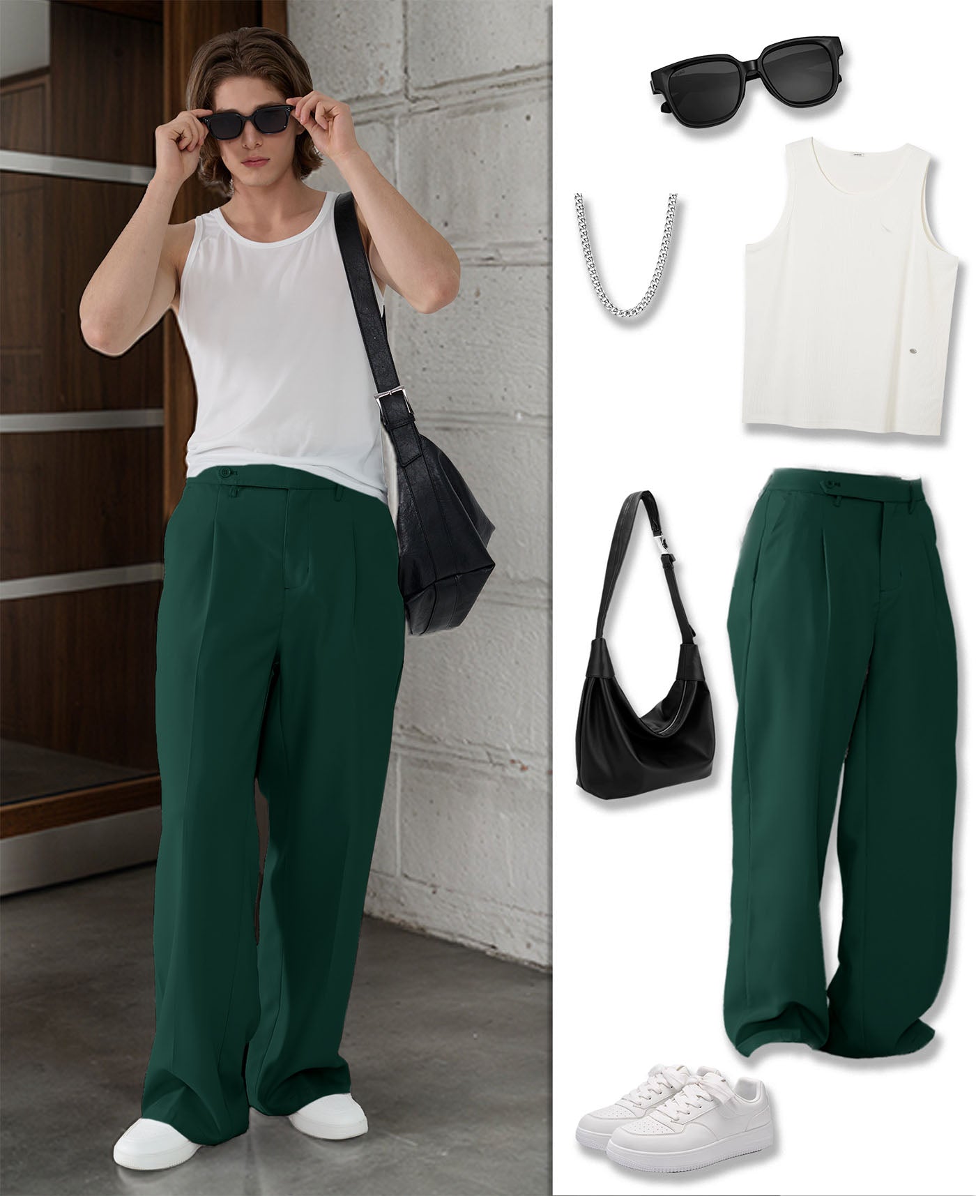 Styling ideas with green Men's Pleated Baggy Dress Pants vests bags and more for versatile looks.