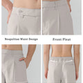 Features Neapolitan waistband front pleats slanted pockets elastic waist for diverse fits.