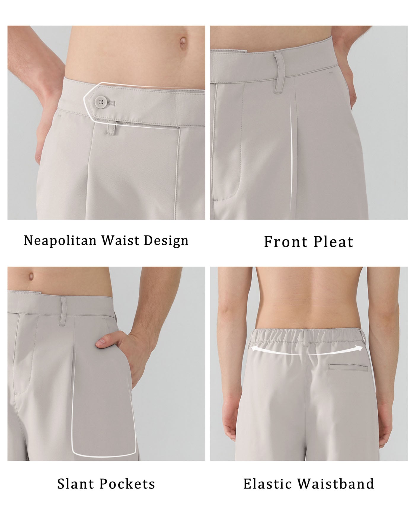 Features Neapolitan waistband front pleats slanted pockets elastic waist for diverse fits.