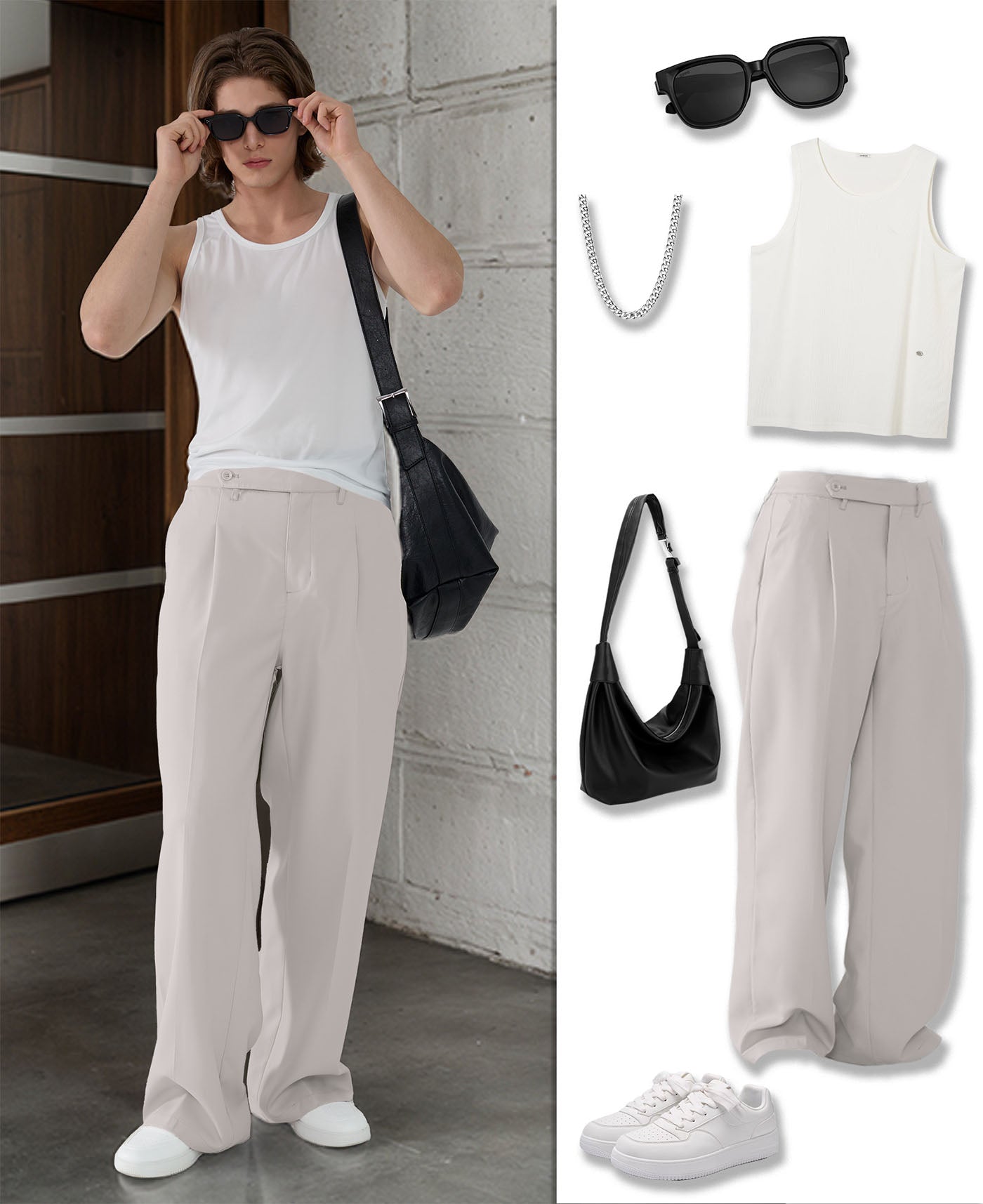 Styling ideas with light gray Men's Pleated Baggy Dress Pants vests bags and more for versatile looks.