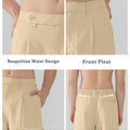 Features Neapolitan waistband front pleats slanted pockets elastic waist for diverse fits.