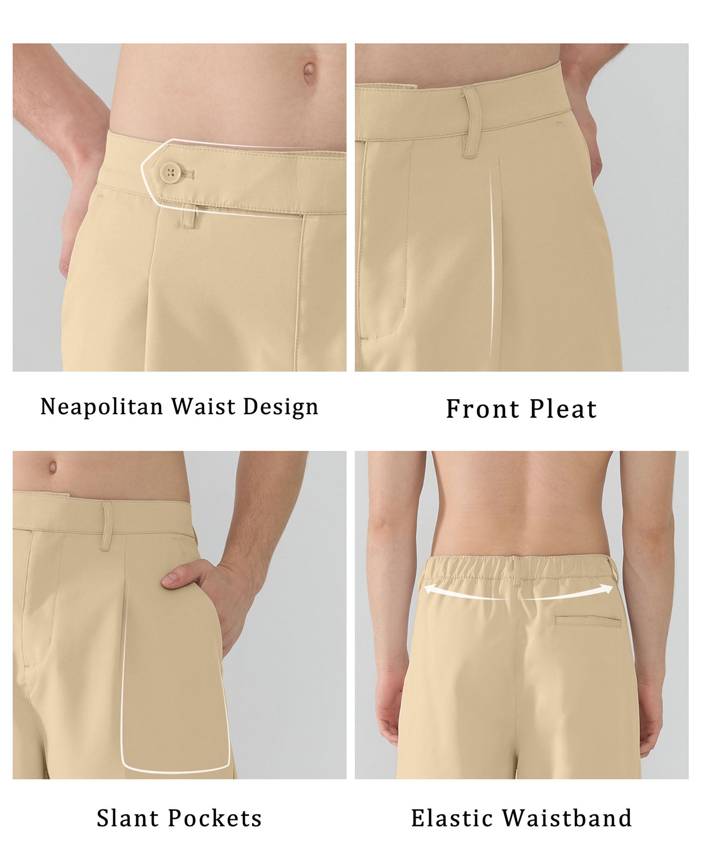 Features Neapolitan waistband front pleats slanted pockets elastic waist for diverse fits.