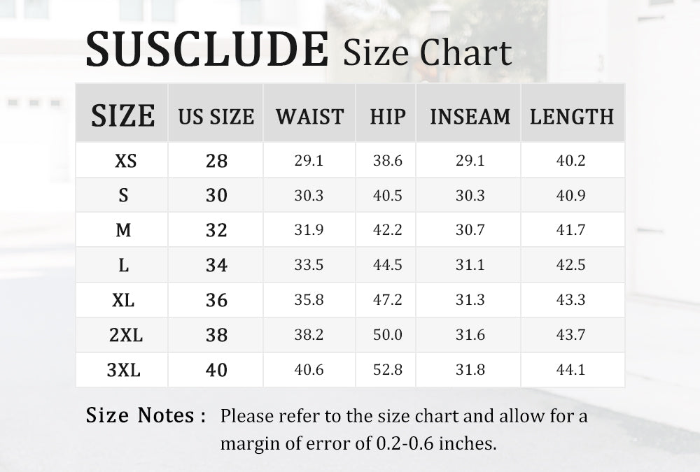 SUSCLUDE size chart inches waist hip inseam length covers XS to 3XL with 0.2 to 0.6 inch manual tolerance.