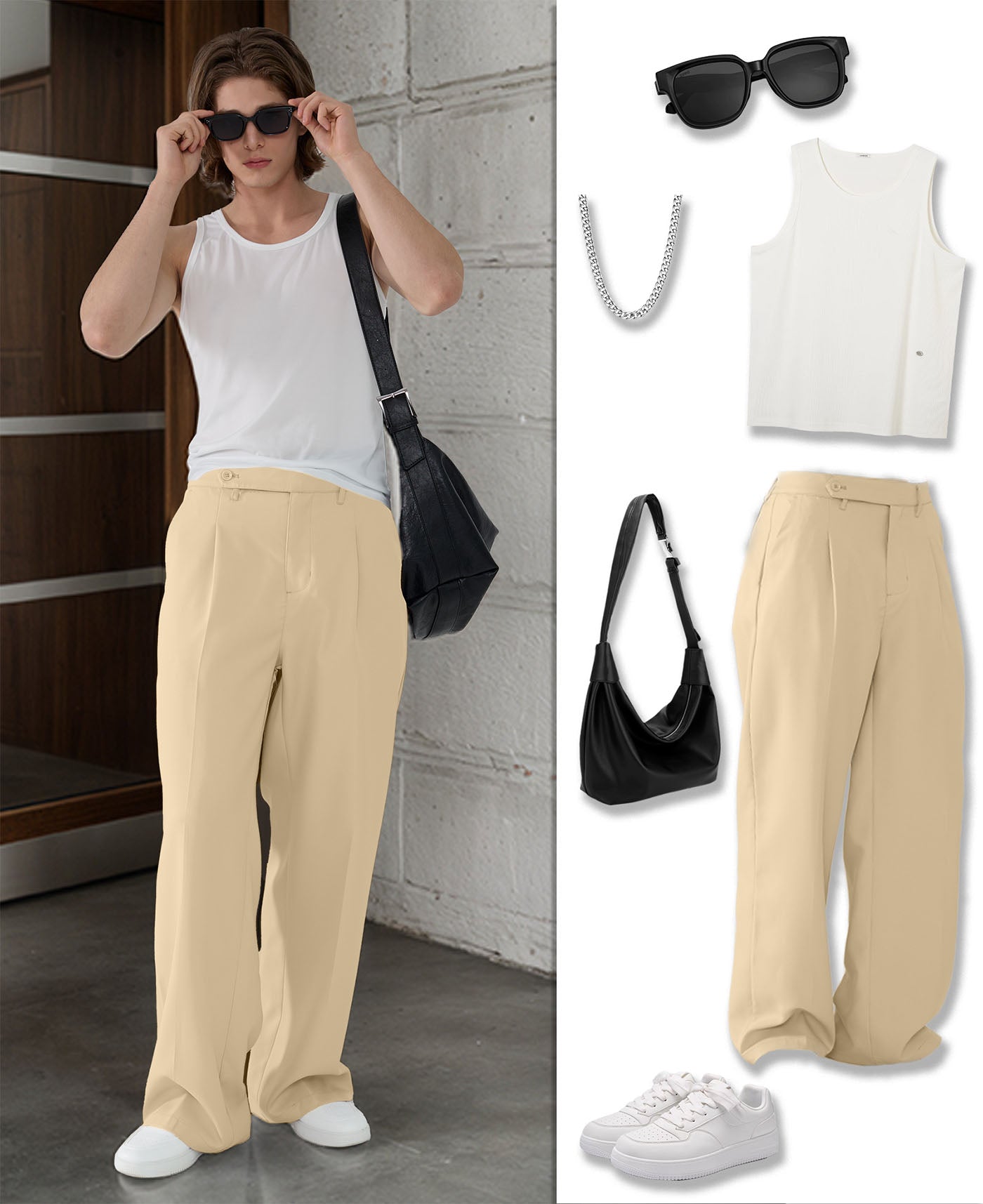 Styling ideas with light khaki Men's Pleated Baggy Dress Pants vests bags and more for versatile looks.