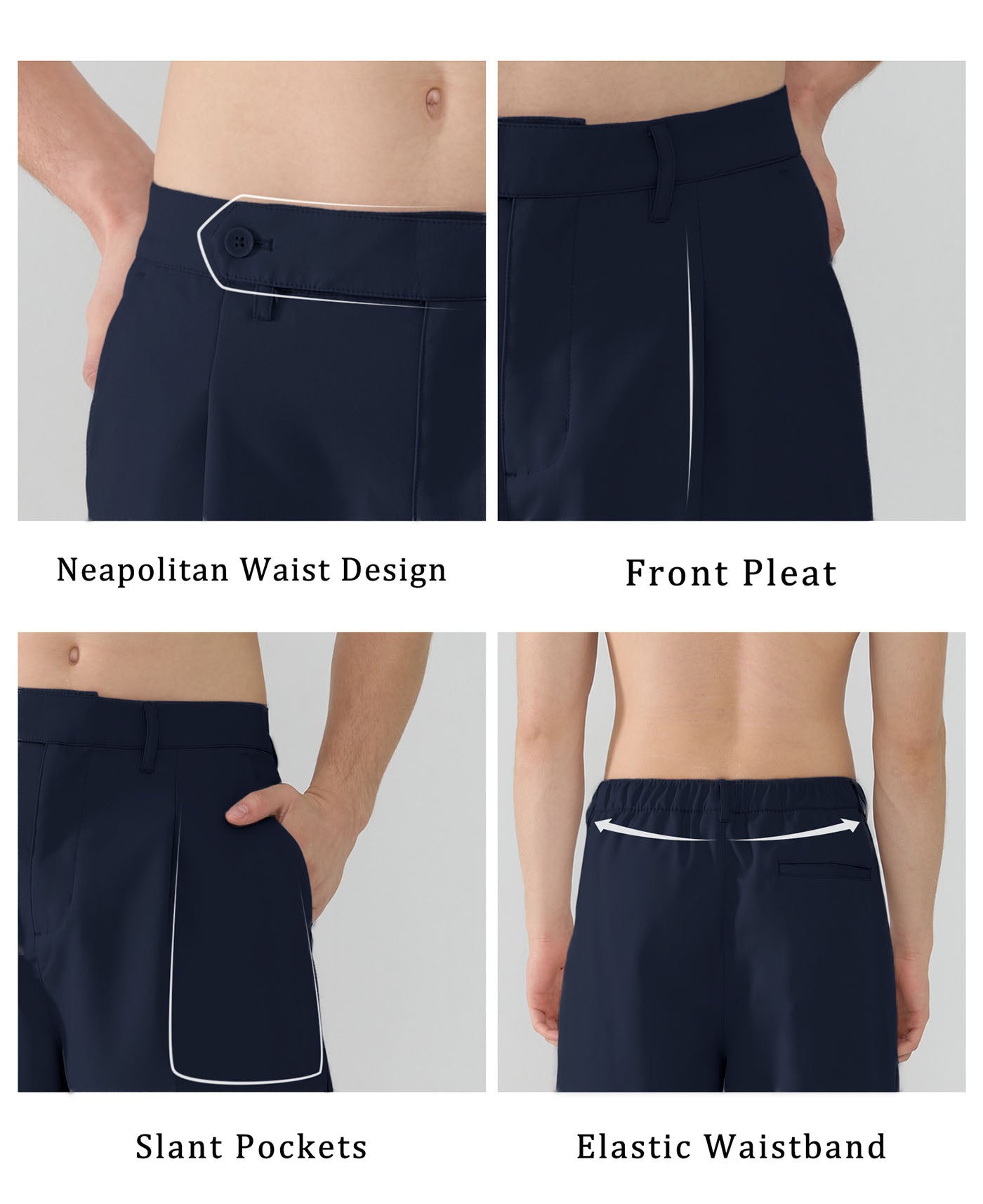 Features Neapolitan waistband front pleats slanted pockets elastic waist for diverse fits.