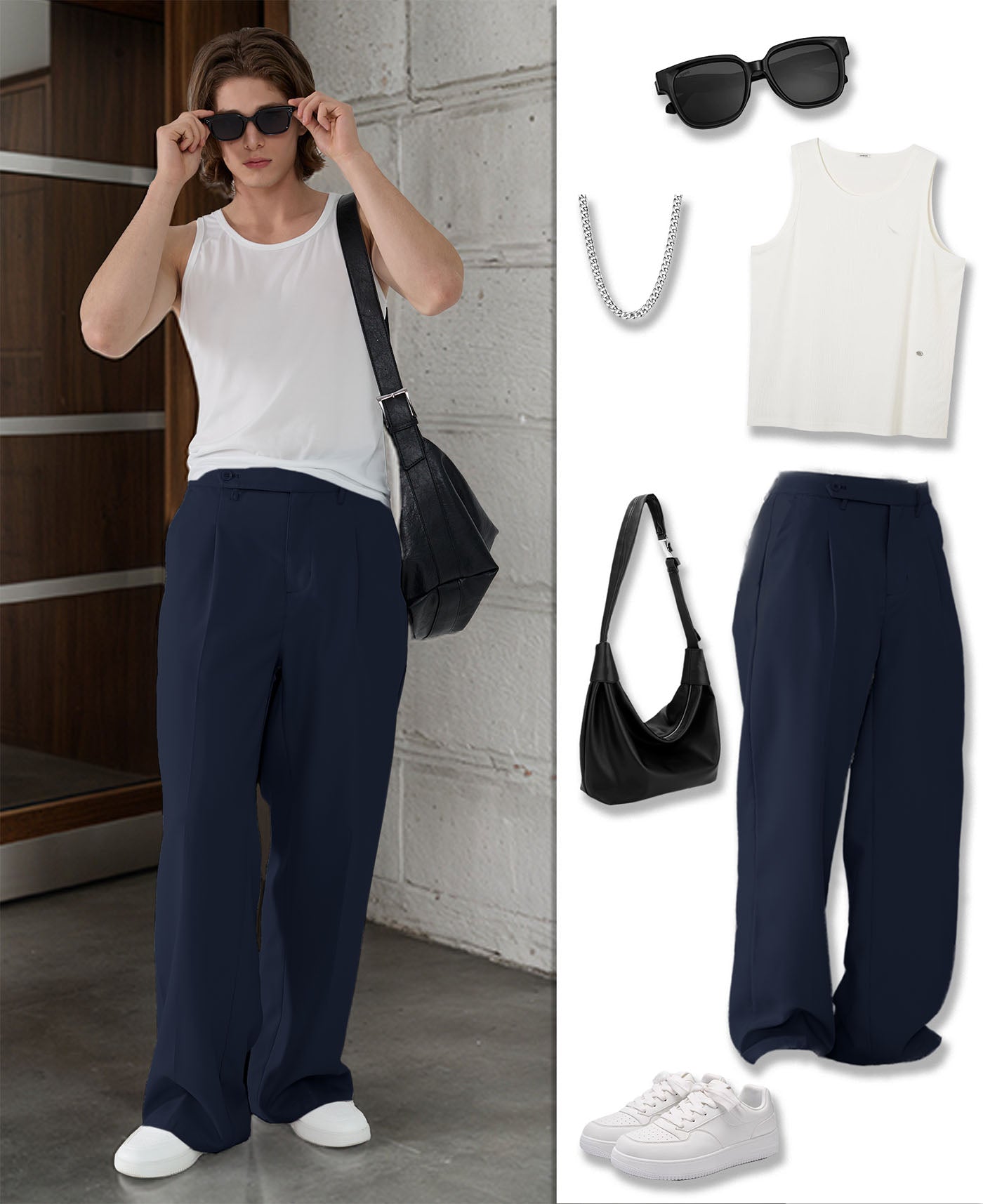 Styling ideas with navy blue Men's Pleated Baggy Dress Pants vests bags and more for versatile looks.
